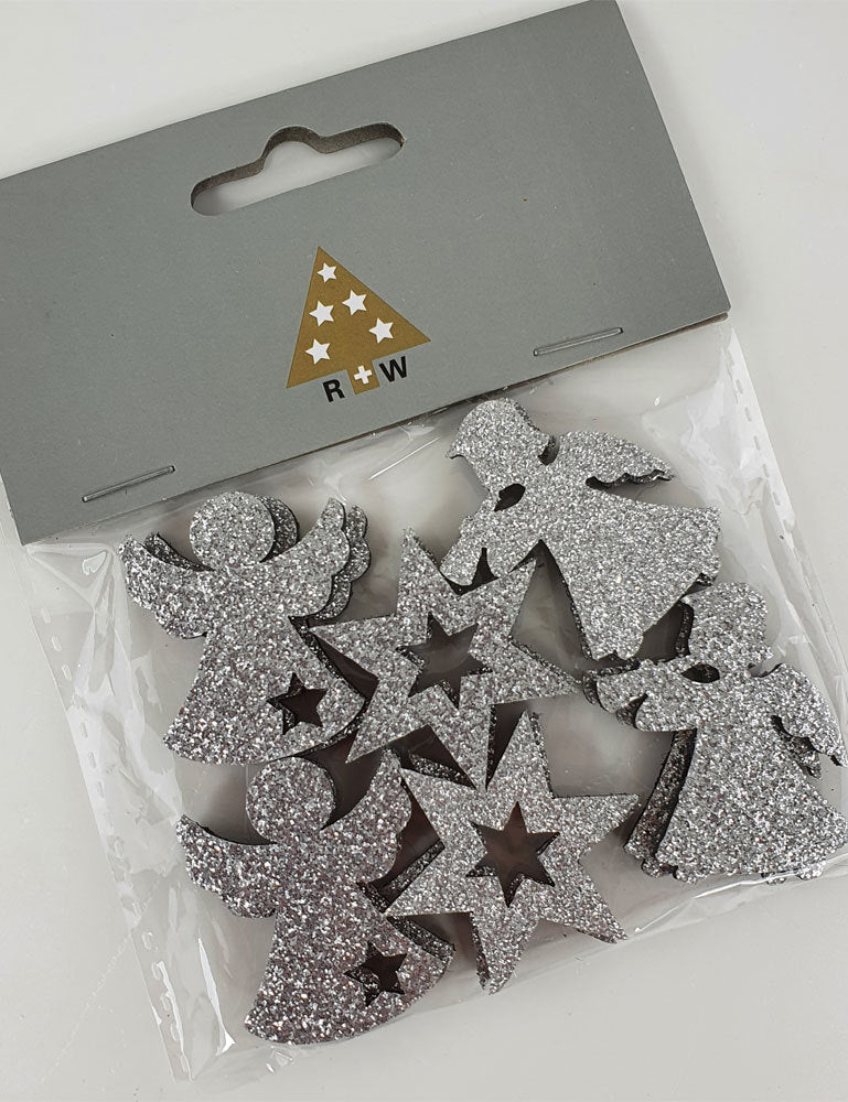 Riffelmacher Filz Streudeko mit Glitter ca. 4cm 70092 | Silber - Engel/Sterne