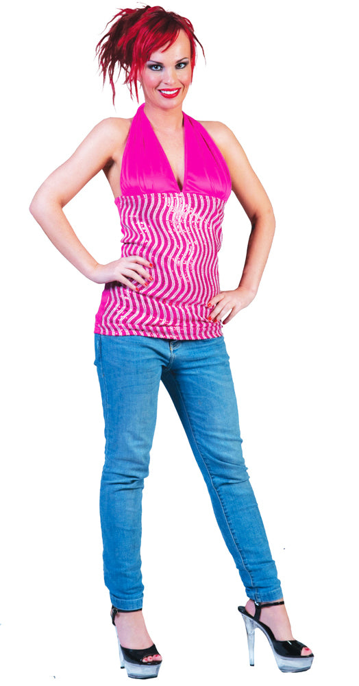 Disco Party Neckholder Top Glitzer Pink Silber
