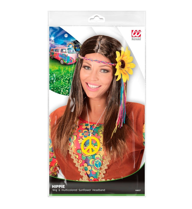70er Jahre "Hippie Girl" Perücke mit Blumen Stirnband | Braun