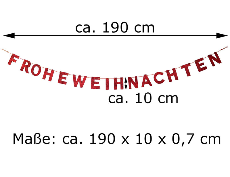 Holz Girlande mit Schriftzug "Frohe Weihnachten" 190x10 cm | 12458 - Rot