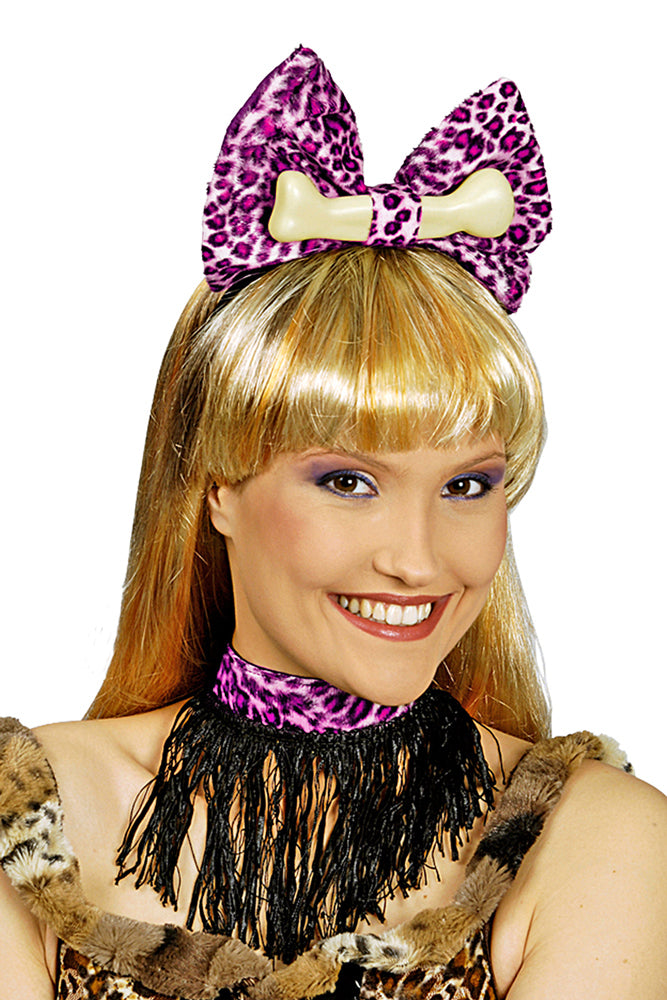 Leoparden Kostümset 3-tlg. Rosa - Schleife, Knochen und Halsband zum Kostüm Neandertaler Steinzeit