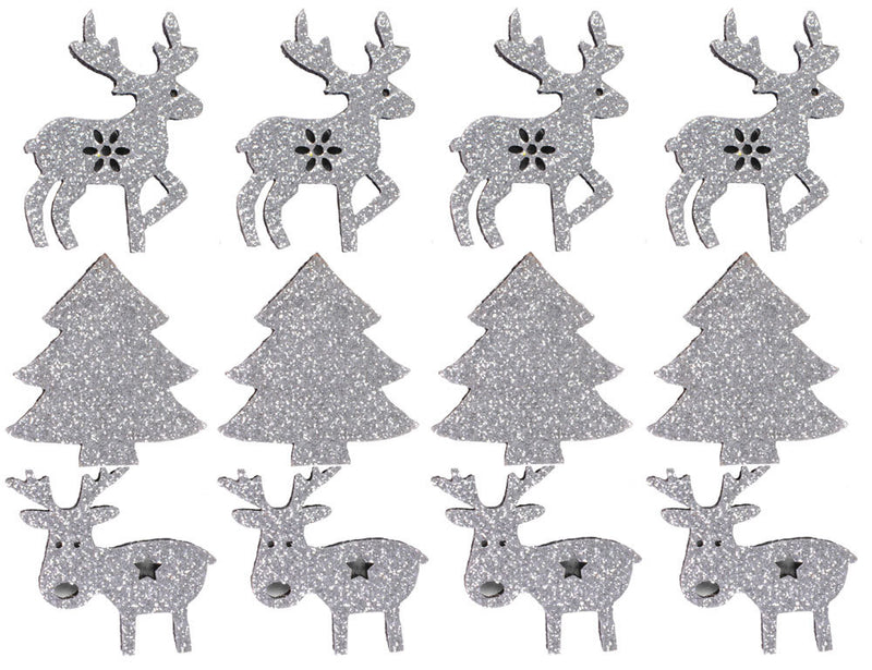 Riffelmacher Filz Streudeko mit Glitter ca. 4cm 70092 | Silber - Hirsche/Bäume