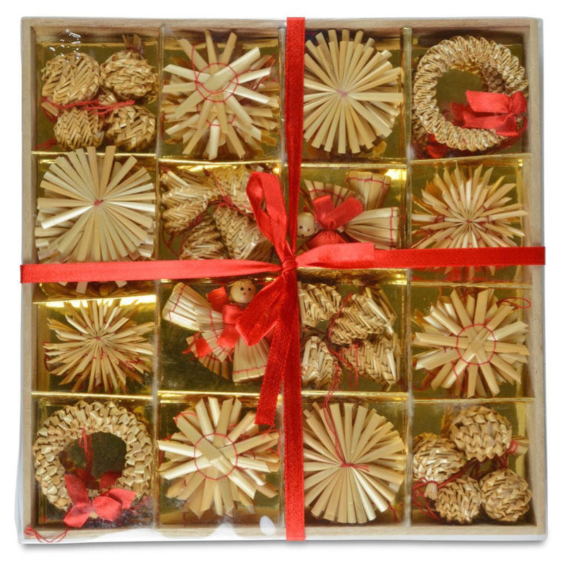 Weihnachtsbaumschmuck Strohsterne 56-tlg. Ø 3-6 cm Natur Rot | 75580 - Christbaum Anhänger