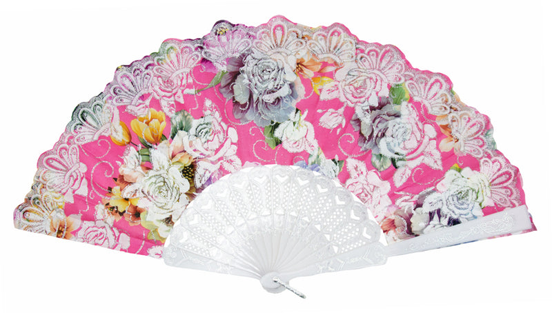 Glitzer Handfächer mit Rosen - Weiß / Rosa