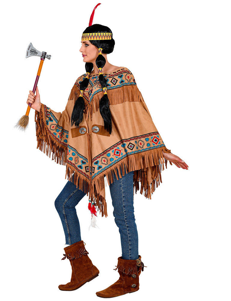 Indianerin Fransen Poncho für Damen | Braun Blau