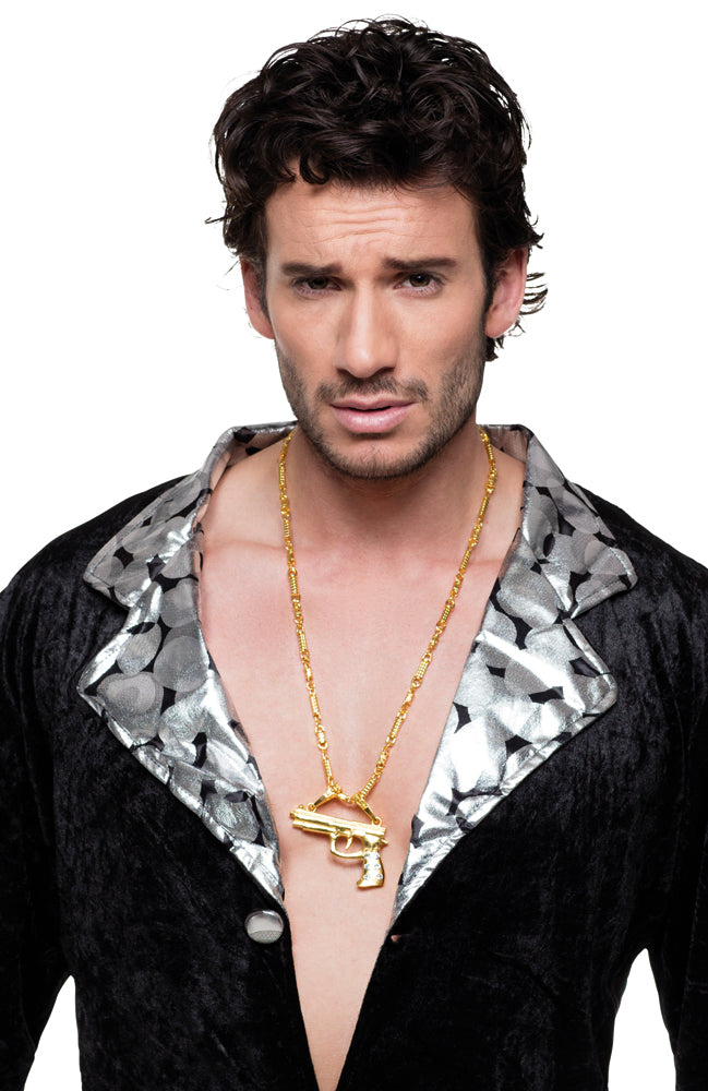 Goldene Halskette Pimp Gun - Pistole mit Strass - Schmuck zum Western Cowboy Kostüm