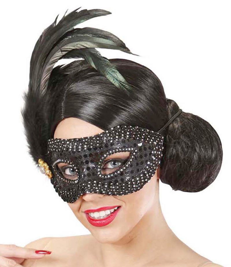 Augenmaske Francesca mit Federn - Schwarz