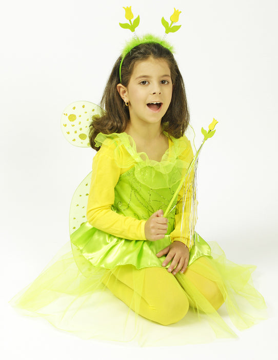 Kleine Tulpe Feenset für Mädchen 4-tlg. - Gelb Grün - Kinder Kostüm Elfe Feenflügel Blumenstab