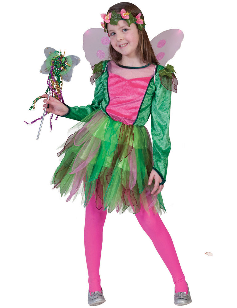 Waldfee "Nina" Kinder Kostüm | Märchen Elfenkleid mit Blumenkranz - Grün Rosa