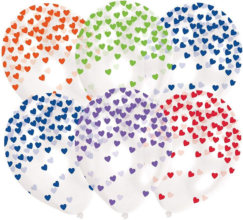 "Konfetti Herzen" Latex Luftballons 27,5 cm Transparent - 6 Stück Farblich Sortiert