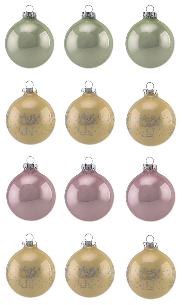 Thüringer Glasdesign Weihnachtskugel-Set 8cm 12-tlg. - Pastell mit Glitzer Dekor lustige Schneemänne