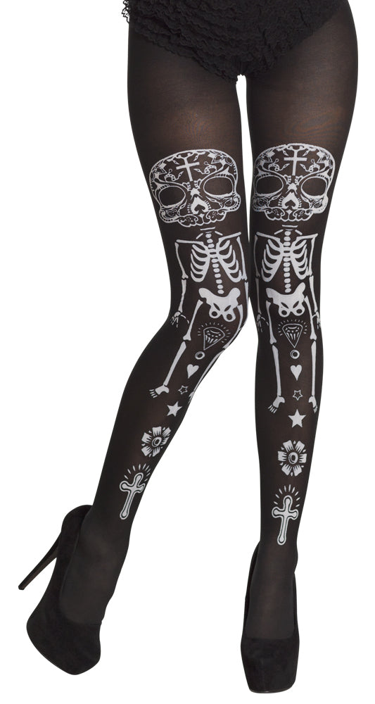 Damen Strumpfhose Day of the Dead "La Calaca" | Schwarz Weiß