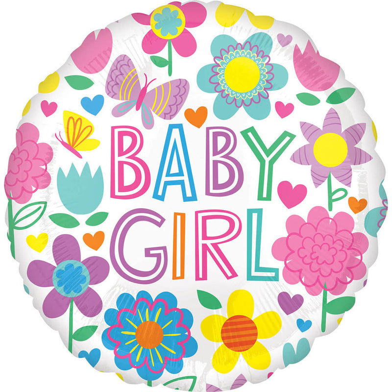 ABC18 Folienballon "Baby Girl" mit Blumen | Ø 43 cm Babyparty Dekoration für Mädchen