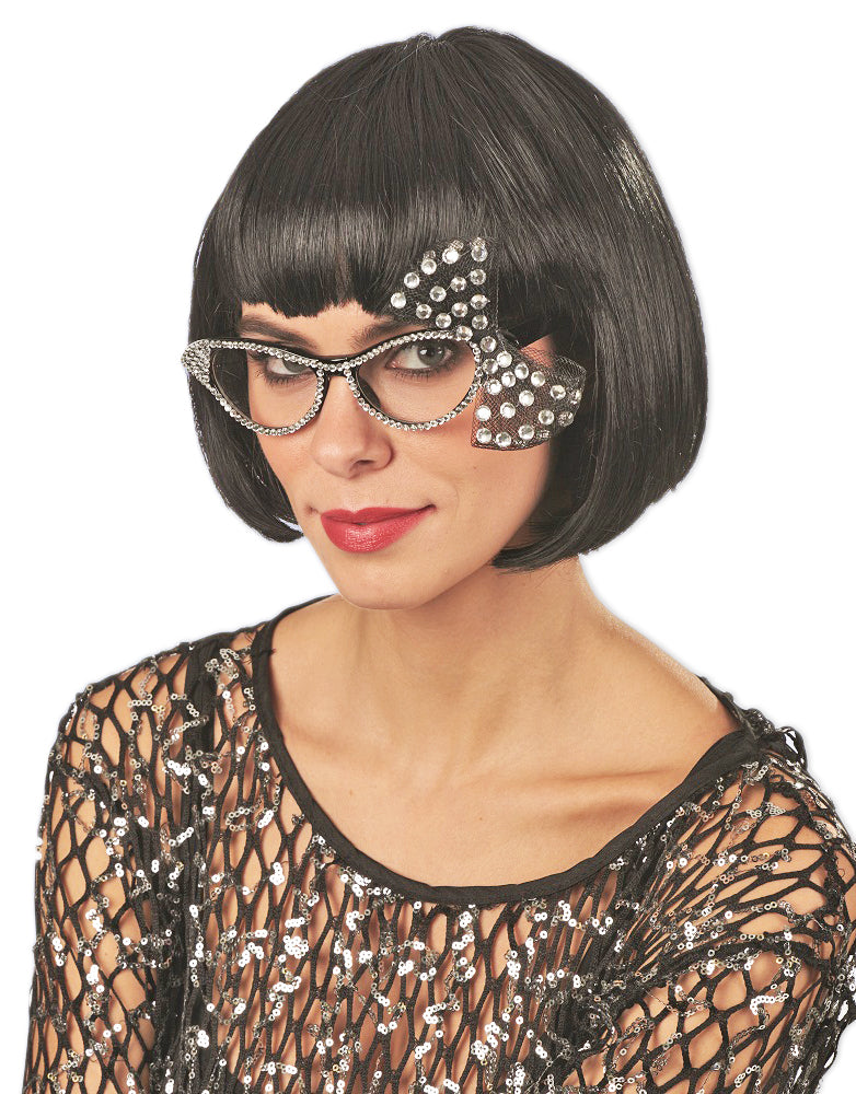 Cat Eye Brille mit Strass und Schleife - Schwarz Kristall