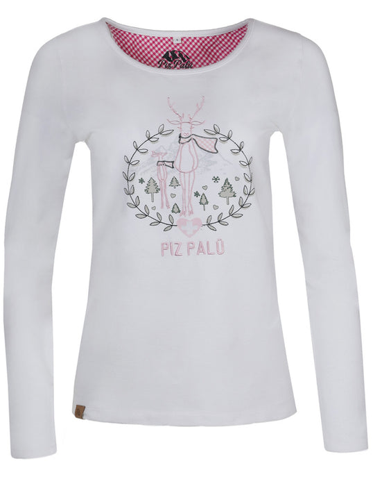 Piz Palü Damen Langarmshirt "Gerach" mit  Hirsch Stickerei  | 010025 - Weiß