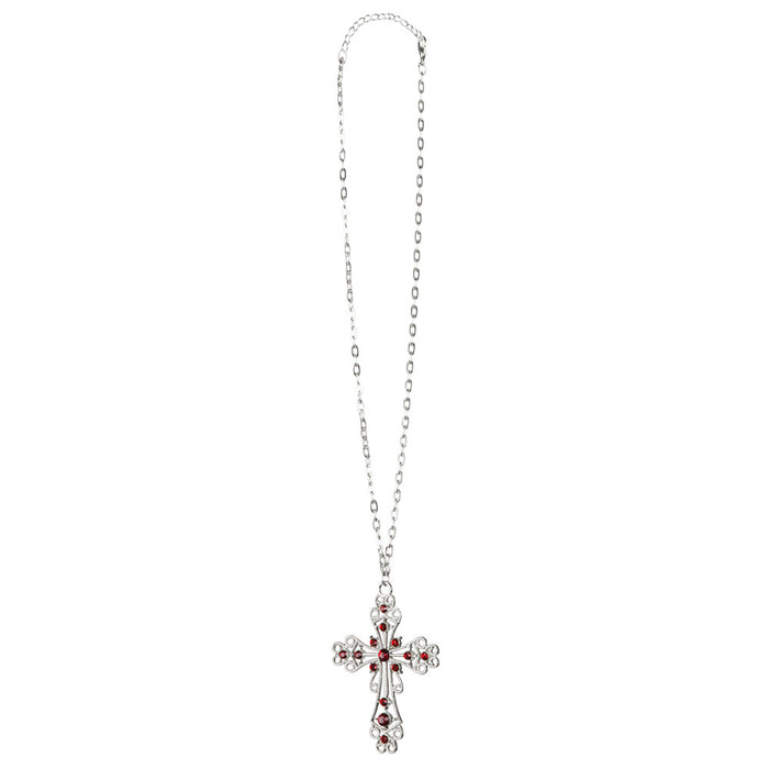 Halskette mit Ornamentkreuz mit Strass - Silber / Rot