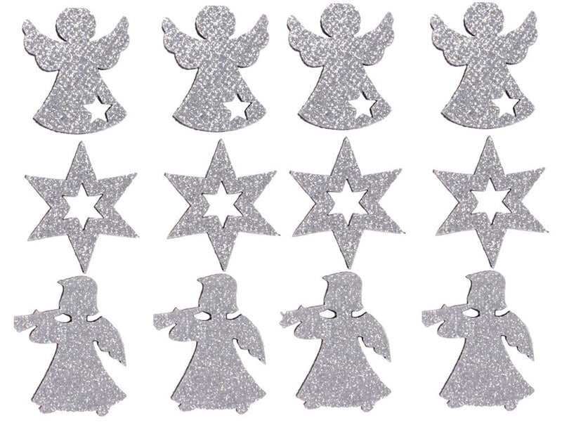 Riffelmacher Filz Streudeko mit Glitter ca. 4cm 70092 | Silber - Engel/Sterne