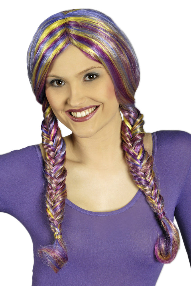 Perücke Arabella mit geflochtenen Zöpfen - Lila Magenta Gelb