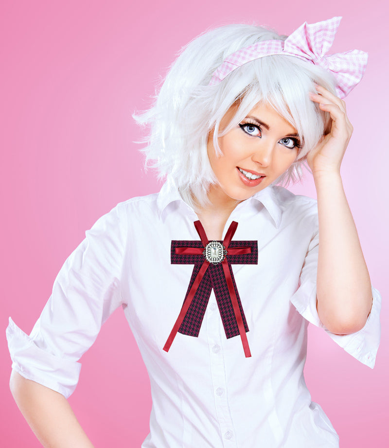 Brosche Barock Schleife mit eckigem Schmuckstein - Kariert - Rot