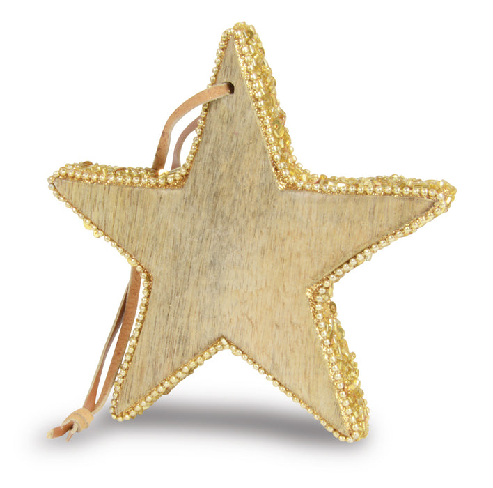 Riffelmacher Hänge Deko Holz Stern mit Pailletten 70603 - Natur Gold 13 cm