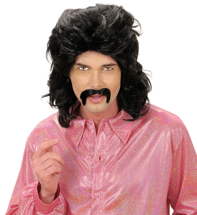 70er Jahre Perücke "Mark" mit Schnurrbart für Herren - Schwarz