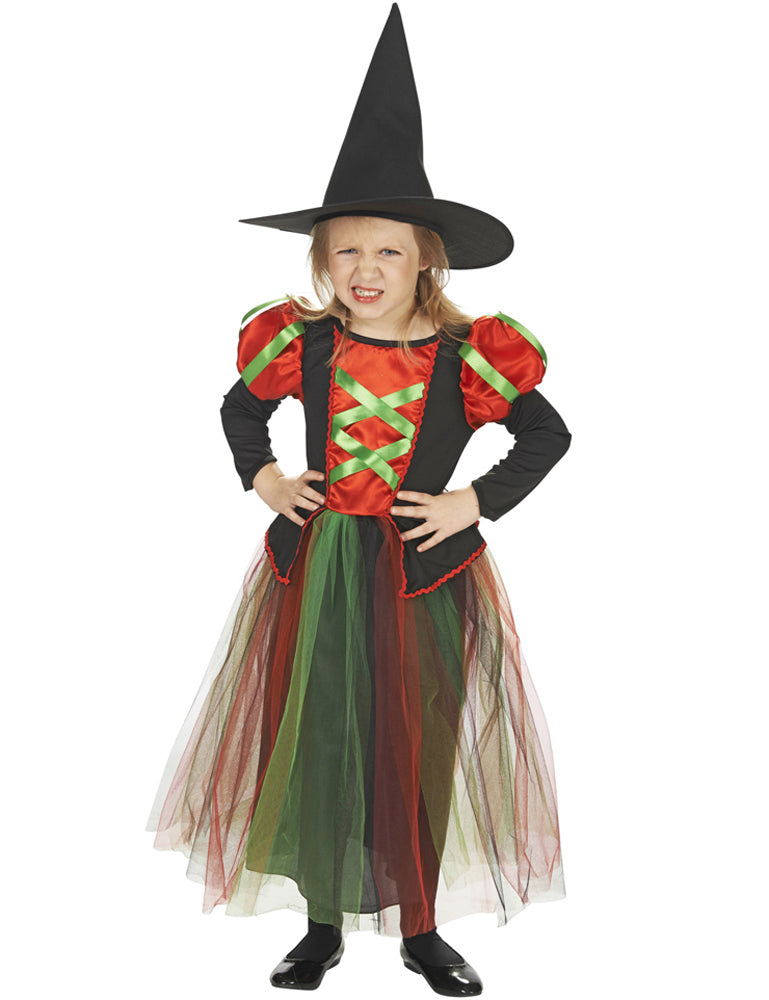 Kinder Hexenkostüm Maivi mit Hexenhut - Schwarz Rot Grün