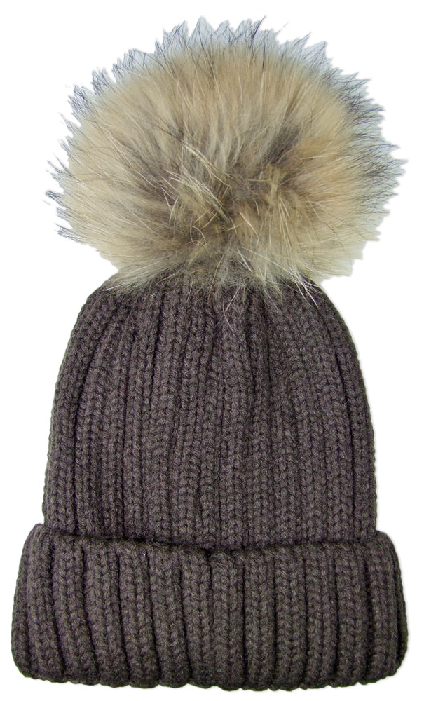 Damen Beanie Strickmütze mit Fellbommel - Dunkelbraun