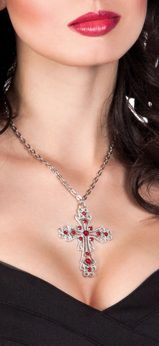 Halskette mit Ornamentkreuz mit Strass - Silber / Rot