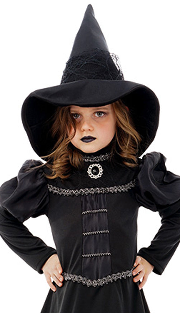 Hexen Kinderkostüm "Orelie" - Langes Kleid und Hexenhut | Schwarz Silber