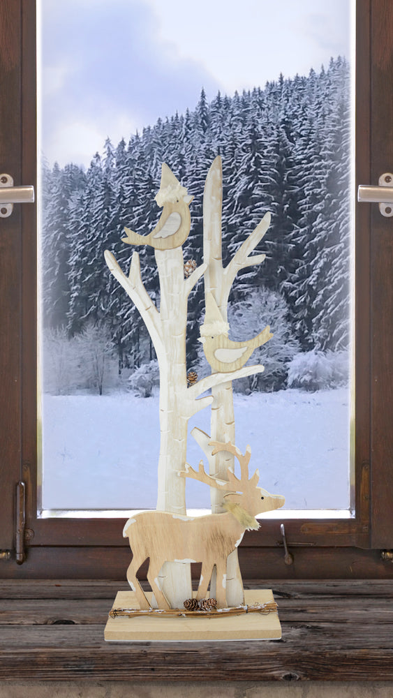 Winterbaum mit Hirsch und Vögeln | Weiß 60cm