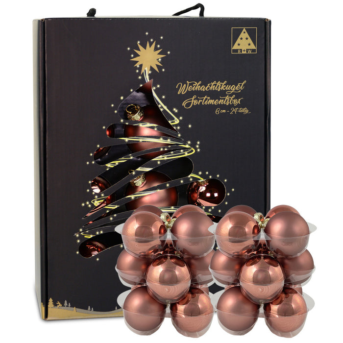 Riffelmacher Glas Weihnachtskugeln im Koffer 26258 | 24 Stück | Ø 6 cm - Karamellbraun