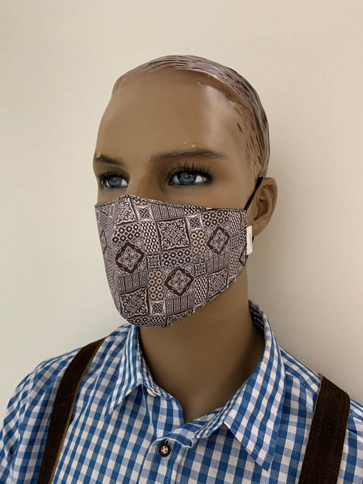 Mund Nase Stoffmaske Gesichtsmaske mit Nasenbügel | Community Fashion Maske - Ornamente Braun / Weiß