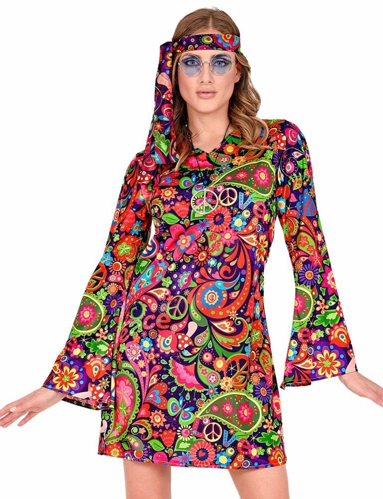 Hippie Kostüm "Love" für Damen - Pink | 70er Jahre Flower Power Kleid und Stirnband