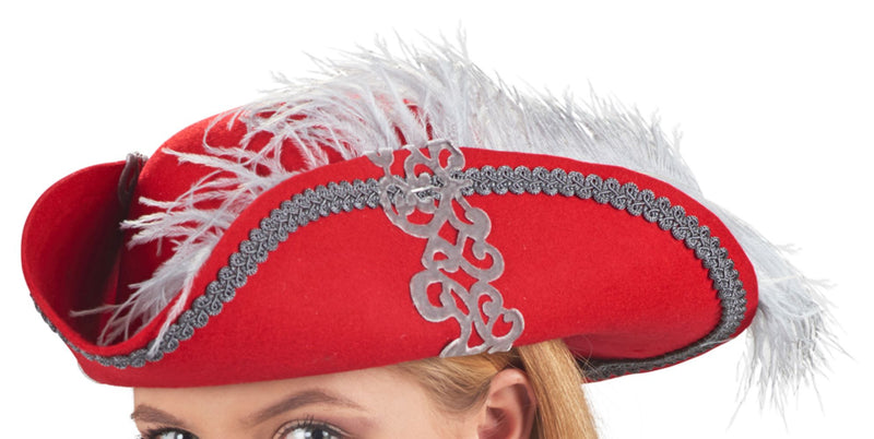 Wollfilz Hut zum Piraten Musketier Kostüm - Dreispitz Rot / Grau