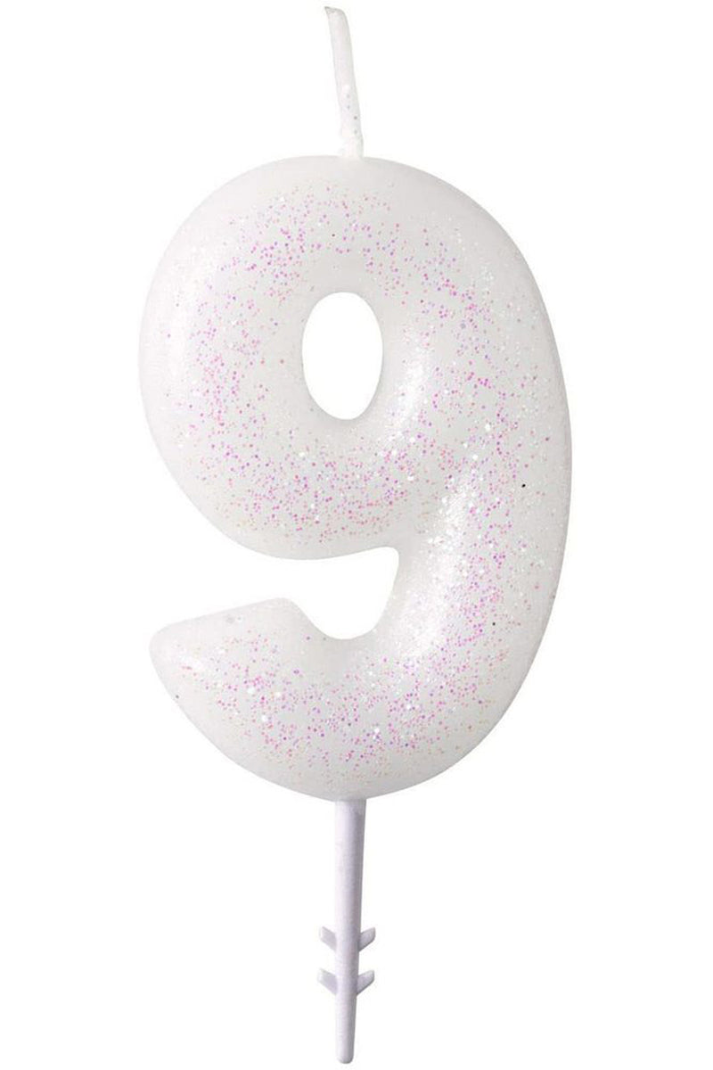 Zahlen Geburtstagskerze Glitzer Weiß Rosa 6,5cm | Zahl 9