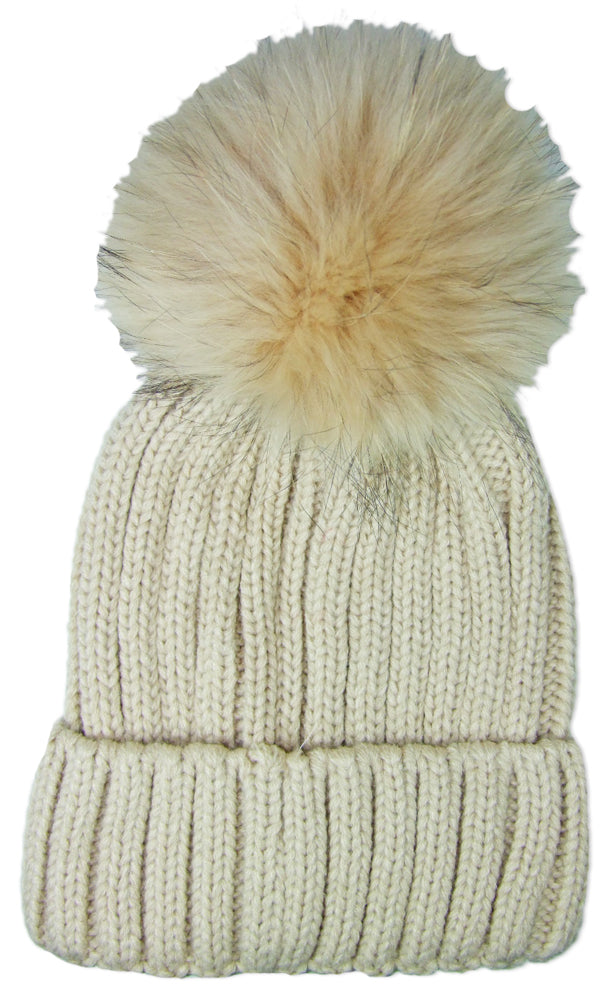 Damen Beanie Strickmütze mit Fellbommel - Beige