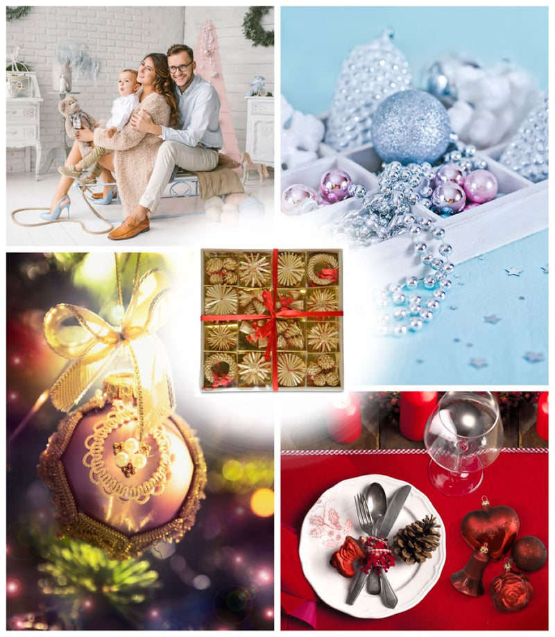 Weihnachtsbaumschmuck Strohsterne 56-tlg. Ø 3-6 cm Natur Rot | 75580 - Christbaum Anhänger