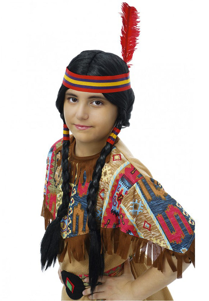 Perücke Indianerin für Kinder | Mit Zöpfen und Feder Stirnband