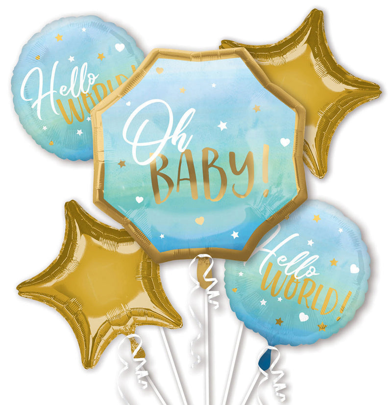 "Hello World!" Folienballon Bouquet - Blau / Gold
