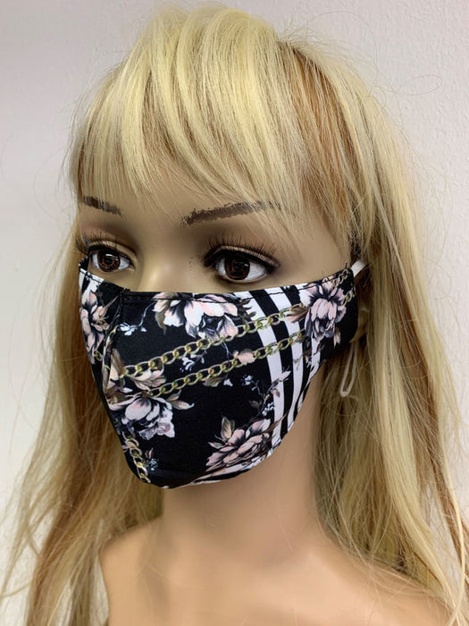 Mund Nase Stoffmaske Gesichtsmaske mit Nasenbügel | Community Fashion Maske - Rosen Streifen Schwarz