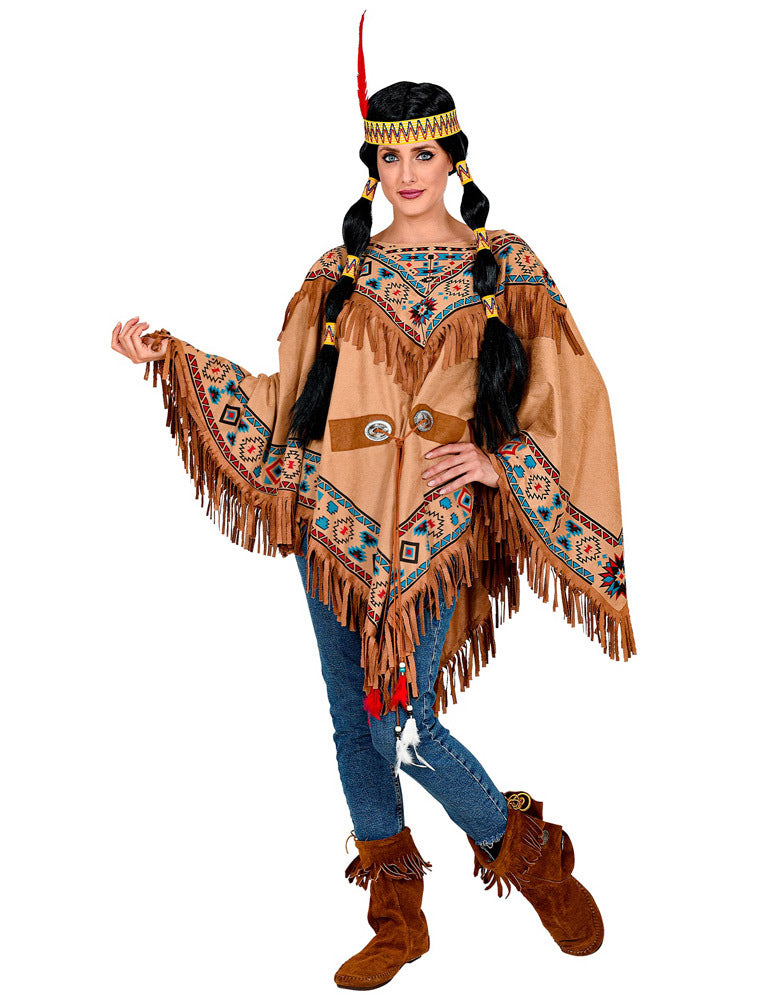 Indianerin Fransen Poncho für Damen | Braun Blau