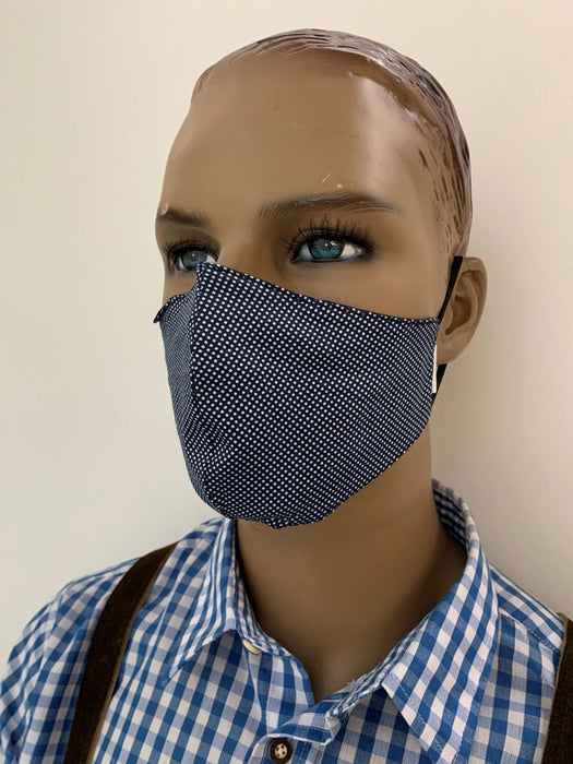 Mund Nase Stoffmaske Gesichtsmaske mit Nasenbügel | Dunkelblau mit weißen Punkten