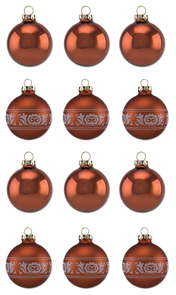 Thüringer Glasdesign Weihnachtskugel-Set 8cm 12-tlg. - Kupfer mit Glitzer Dekor Romantikbordüre - A0