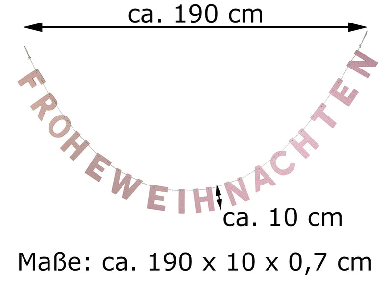 Holz Girlande mit Schriftzug "Frohe Weihnachten" 190x10 cm | 12456 - Rosa