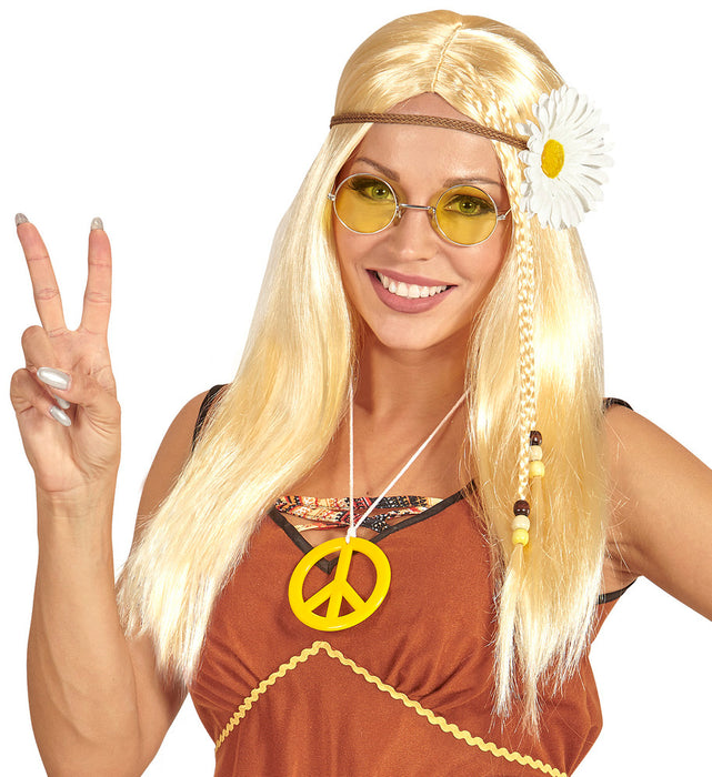 70er Jahre "Hippie Girl" Perücke mit Blumen Stirnband | Blond