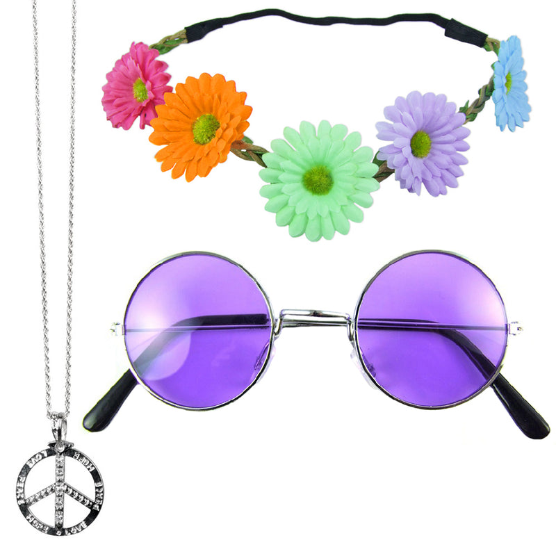 Hippie Set 3-tlg. - Margeriten Haarband, Peace Kette und Lennon Brille | Lila