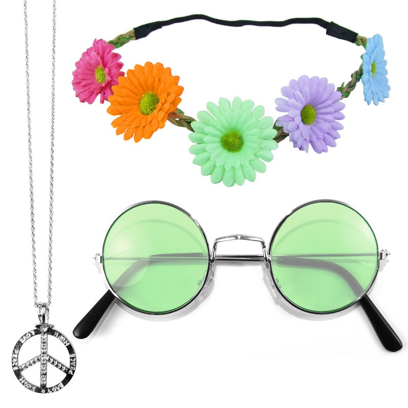 Hippie Set 3-tlg. - Margeriten Haarband, Peace Kette und Lennon Brille | Grün