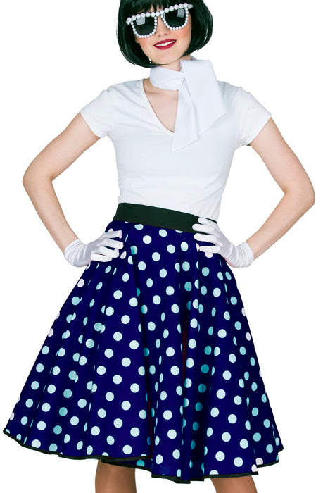 Fifties Punkte Tellerrock für Damen mit Halstuch | Blau Weiß