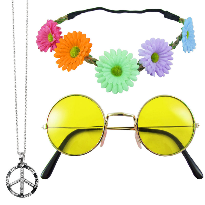 Hippie Set 3-tlg. - Margeriten Haarband, Peace Kette und Lennon Brille | Gelb