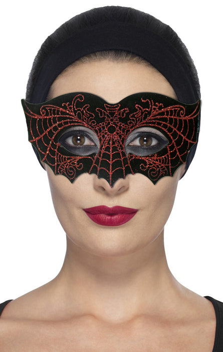 Fledermaus Augenmaske - Schwarz mit rotem Glitzer Spinnennetz